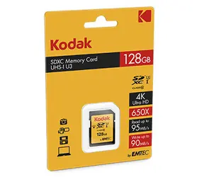 EMTEC Kodak SDXC 128 GB / Klasse 10 / UHS-I / U3 / Lesen: 95 MB / Schreiben: 90 MB / geeignet für 4K