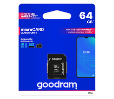 Goodram microSDXC 64 GB + Adapter / Klasse 10 / UHS-I U1 / R: 100 MB/s / W: 10 MB