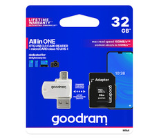 Goodram All-In-One microSDHC 32 GB + Adapter / Klasse 10 / UHS-I / R: 100 MB / W: 10 MB