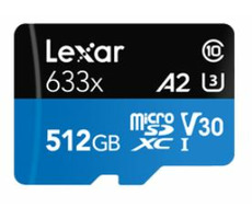 Lexar High-Performance 633x microSDXC 512 GB + Adapter / Lesen: 100 MB / Schreiben: 70 MB / UHS-I U3 / A2 / Klasse 10 / V30