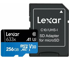 Lexar High-Performance 633x microSDXC 256 GB + Adapter / UHS-I U3 / Klasse 10 / A1 / V30 / Lesen: 95 MB / Schreiben: 45 MB