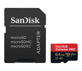 SanDisk Extreme PRO microSDXC 64 GB + Adapter / Klasse 10 / A2 / V30 / UHS-I U3 / Lesen: bis zu 200 MB / Schreiben: bis zu 90 MB