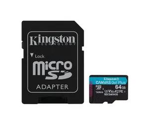 Kingston Canvas Go PLUS microSDXC 64GB mit Adapter / UHS-I V30 / U3 / Class 10 / Lesen: bis zu 200MBs / Schreiben: bis zu 160 MBs