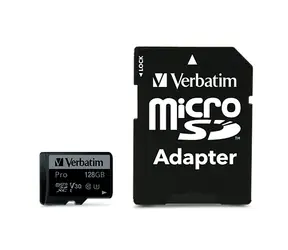 Verbatim Pro U3 microSDXC 128 GB + SD-Adapter / UHS-3 (U3) / Klasse 10 / R: bis zu 90 MB/s / W: bis zu 45 MB