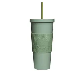Neon Kactus Trinkbecher mit Strohhalm 625 ml grün / Kunststoff 