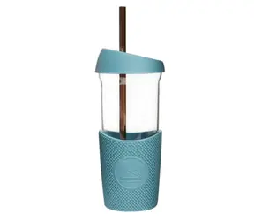 Neon Kactus Glasbecher mit Strohhalm 568 ml blau / Glas 