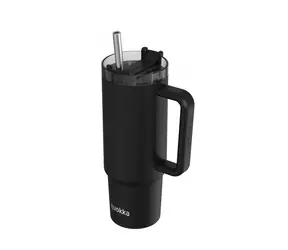 Quokka Edelstahl-Thermosbecher mit Strohhalm, Farbe Vibe Schwarz, 880 ml