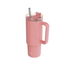 Quokka Edelstahl-Thermosbecher mit Strohhalm, Farbe Vibe Coral, 880 ml