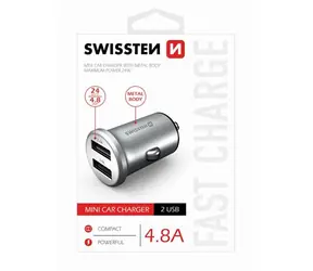 Swissten METAL CL-Netzteil 2x USB 4,8A silber