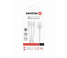 Swissten TEXTILE 3in1 Datenkabel MFi 1,2m Silber