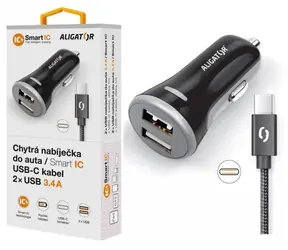 Aligator Smart Autoladegerät 3,4 A schwarz + USB-C-Kabel / 2xUSB / SMART IC 