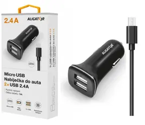 Aligator Autoladegerät mit Micro-USB-Kabel und 2xUSB-Ausgang 2,4A schwarz / Turboladung