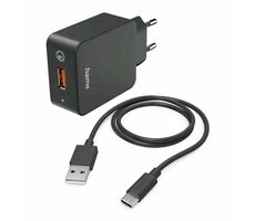 HAMA USB-Ladegerät mit Kabel schwarz / 1x USB-A / QC / 19,5W