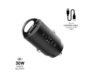 FIXED Autoladegerät-Set mit 2xUSB-C-Ausgang und USB-C/Lightning-Kabel schwarz / PD-Unterstützung / 1,2 Meter / MFI / 30W 