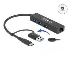 DeLock 3-Port Hub USB 3.2 Gen 1 + Gigabit LAN mit USB Typ-C oder USB Typ-A Anschluss 0,2m schwarz