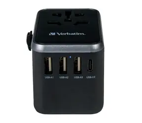 Verbatim 49546 Universal-Reiseadapter schwarz / CEE7 / 100-250 V / 3x USB-A / USB-C