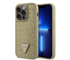 Guess Rhinestones Triangle Metal Logo Cover für Apple iPhone 15 Pro Gold