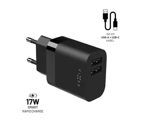 FIXED Set Netzwerkladegerät mit 2xUSB-Ausgang und USB/USB-C-Kabel schwarz / 17W SMART Rapid Charge