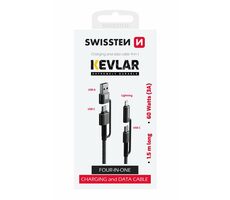 Swissten KEVLAR Datenkabel 4in1 USB-C (M) - USB-A (M) - Lightning (M) 1,5m schwarz / 60W / 3A 