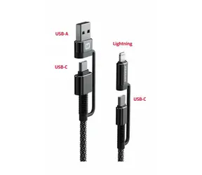 Swissten Aramid-verstärktes Datenkabel 4-in-1 USB-C (Stecker) - USB-A (Stecker) - Lightning (Stecker) 1,5 m schwarz / 60 W / 3 A 