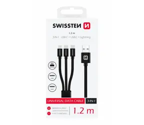 Swissten TEXTILE Datenkabel 3 in 1 2x USB-C (M) - Lightning (M) - USB-A (M) 1,2m schwarz / 60W / 3A