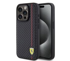 Ferrari PU-Leder Carbon Vertical Red Line Backcover für Apple iPhone 15 Pro Schwarz