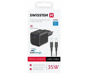Swissten Netzwerkadapter GaN USB-C + Datenkabel USB-C - USB-C 1,2m schwarz / 35W / PD