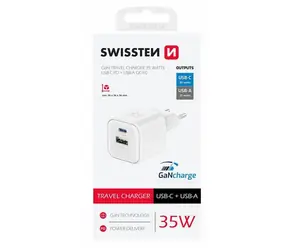 Swissten Netzwerkadapter GaN USB-A/USB-C 35W weiß / PD / QC