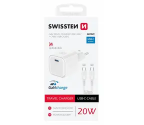 Swissten GaN USB-C Netzwerkadapter + Datenkabel USB-C - USB-C 20W 1,2m weiß / 20W / PD