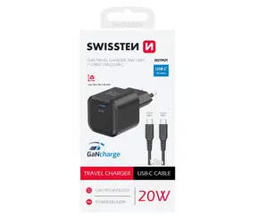 Swissten GaN USB-C Netzwerkadapter + Datenkabel USB-C - USB-C 1,2m schwarz / 20W / PD