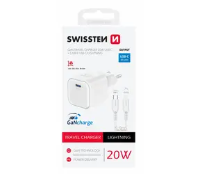 Swissten GaN USB-C Netzwerkadapter + USB-C Datenkabel - Lightning 20W 1,2m weiß / 20W / PD