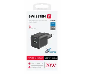 Swissten Netzwerkadapter GaN USB-C/USB-A schwarz / 20W / QC / PD