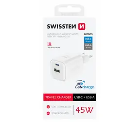 Swissten Netzwerkadapter GaN USB-C/USB-A weiß / 45W / QC / PD