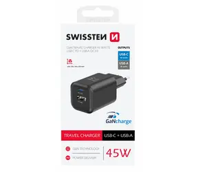 Swissten Netzwerkadapter GaN USB-C/USB-A schwarz / 45W / QC / PD