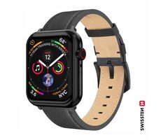 Swissten Lederarmband für Apple Watch 42/44/45/49 mm, Schwarz / Schwarze Schnalle und schwarze Schlaufe