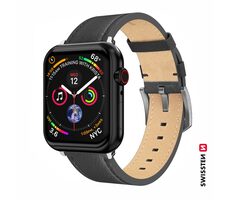 Swissten Lederarmband für Apple Watch 42/44/45/49 mm, Schwarz/Silber/Silberne Schnalle und silberne Schlaufe