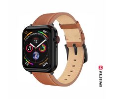Swissten Lederarmband für Apple Watch 42/44/45/49 mm, braun/schwarze Schnalle und schwarze Schlaufe