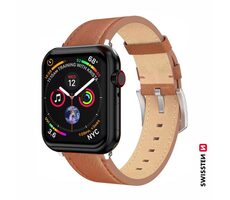 Swissten Lederarmband für Apple Watch 42/44/45/49 mm, Braun-Silber / Silberne Schnalle und silberne Schlaufe