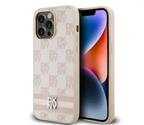 DKNY PU-Leder-Rückseite mit Karomuster und Streifen für Apple iPhone 15 Pro Max, Rosa