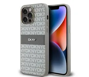 DKNY PU-Leder-Rückseite mit Ton-in-Ton-Streifenmuster und wiederkehrendem Muster für Apple iPhone 15 Pro Max Beige