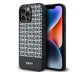 DKNY MagSafe-Rückseite aus PU-Leder mit wiederkehrendem Muster und Streifen auf der Unterseite für Apple iPhone 15 Pro Max, Schwarz