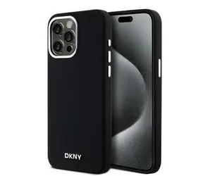 DKNY Liquid Silicone Silver Metal Logo Magsafe Back Cover für Apple iPhone 15 Pro Max Schwarz