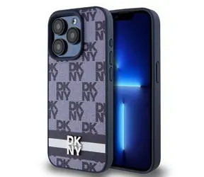 DKNY PU-Leder-Rückseite mit Karomuster und Streifen für Apple iPhone 15 Pro, Blau