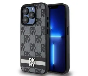 DKNY PU-Leder-Rückseite mit Karomuster und Streifen für Apple iPhone 15 Pro, Schwarz