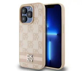 DKNY PU-Leder-Rückseite mit Karomuster und Streifen für Apple iPhone 15 Pro, Rosa