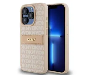 DKNY PU-Leder-Rückseite mit Ton-in-Ton-Streifenmuster für Apple iPhone 15 Pro, Rosa