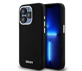 DKNY Liquid Silicone Silver Metal Logo Magsafe Back Cover für Apple iPhone 15 Pro Schwarz