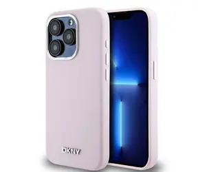 DKNY Liquid Silicone Silver Metal Logo Magsafe Back Cover für Apple iPhone 15 Pro Pink