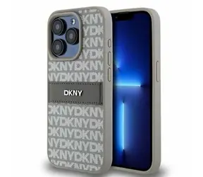 DKNY PU-Leder-Rückseite mit Ton-in-Ton-Streifenmuster und wiederkehrendem Muster für Apple iPhone 14 Pro Max Beige