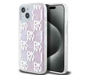 DKNY Liquid Glitter Checkered Pattern Backcover für Apple iPhone 15 rosa